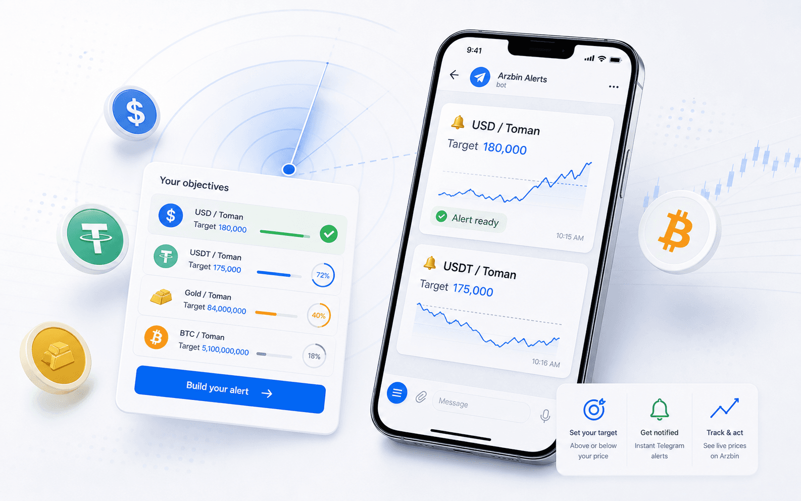 Arzbin Telegram price alert target tracker for USD/Toman, USDT/Toman, gold, and crypto